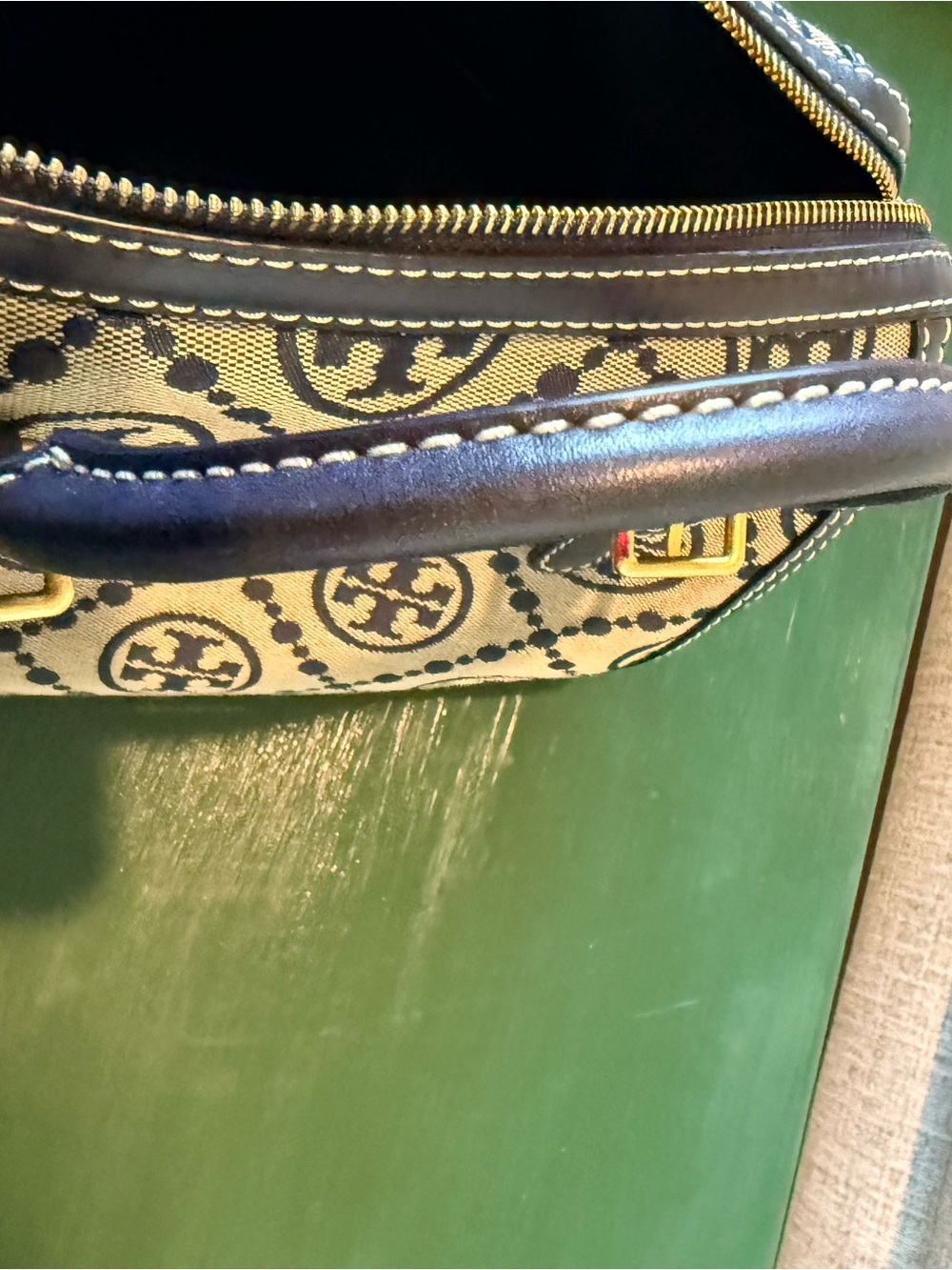 Authentic Tory Burch T Logo Navy and Cream Canvas Satchel with strap. Medium - Picture 13 of 14